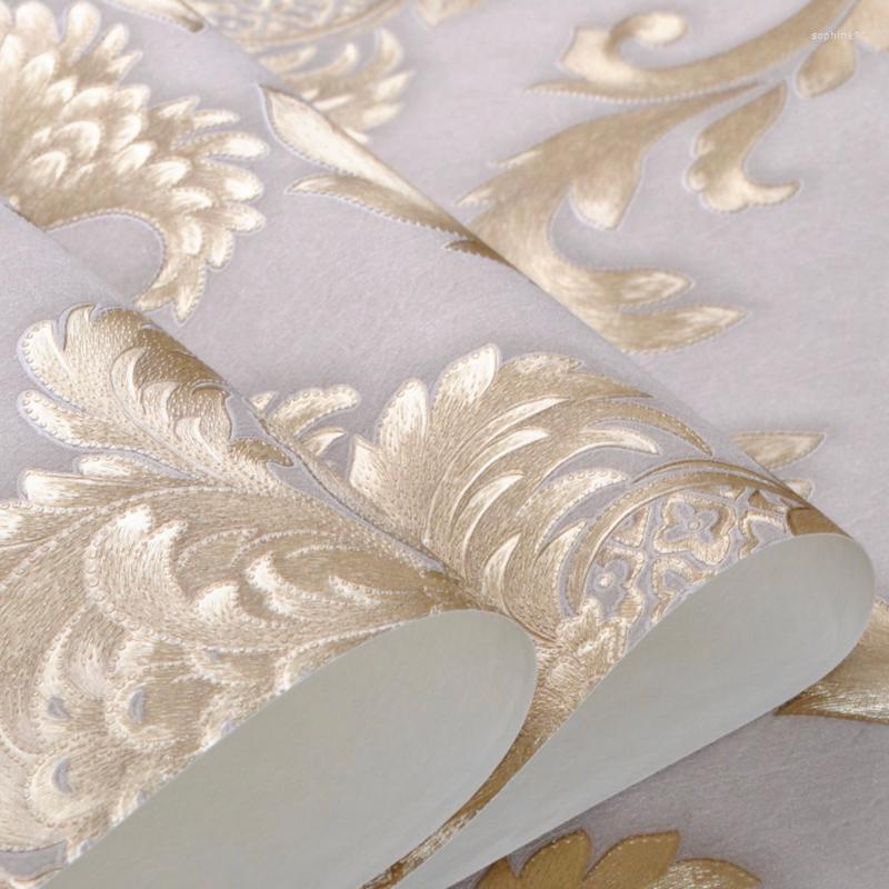 Update Wallpapers Beige-Grey Gold Textured Classic Damask Wallpaper Bedroom Living Room Home Decor Waterproof PVC Wall Paper Roll