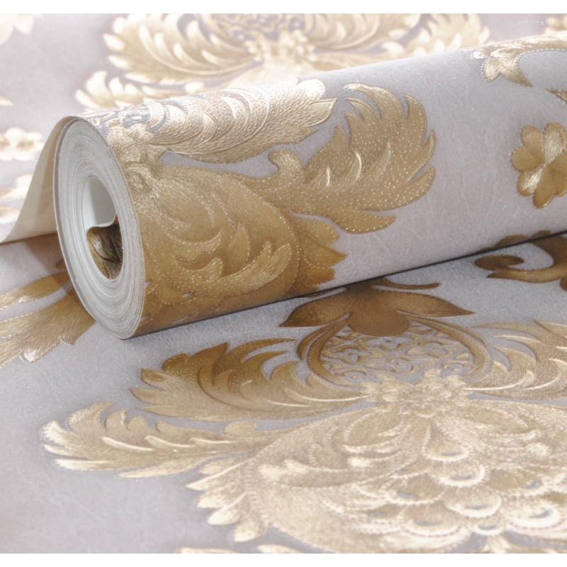 Update Wallpapers Beige-Grey Gold Textured Classic Damask Wallpaper Bedroom Living Room Home Decor Waterproof PVC Wall Paper Roll
