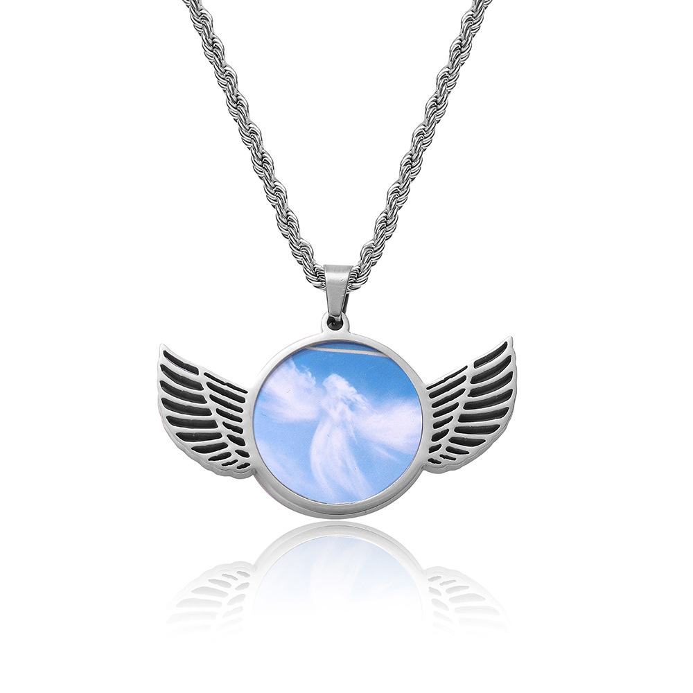 Custom Wing Memorial Photo Pendant Necklace Stainless Steel Jewelry Mens Gifts