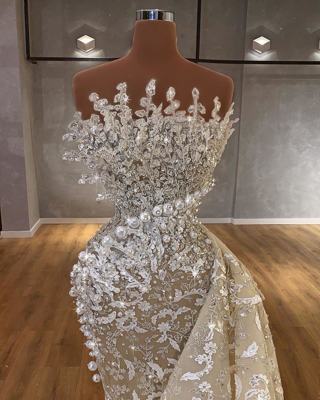 Gorgeous Pearls Mermaid Wedding Dresses Bride Gowns With Detachable Train African Nigerian Strapless Lace Beaded Applique Custom Made