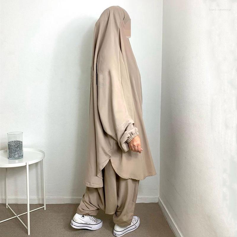 2024 Ramadan Eid Muslim Abayas For Women 2 Pieces Prayer Garment Jilbab Pants Abaya Set Islamic Clothes Long Khimar With Sleeve, Nida Fabric, Loose Fi
