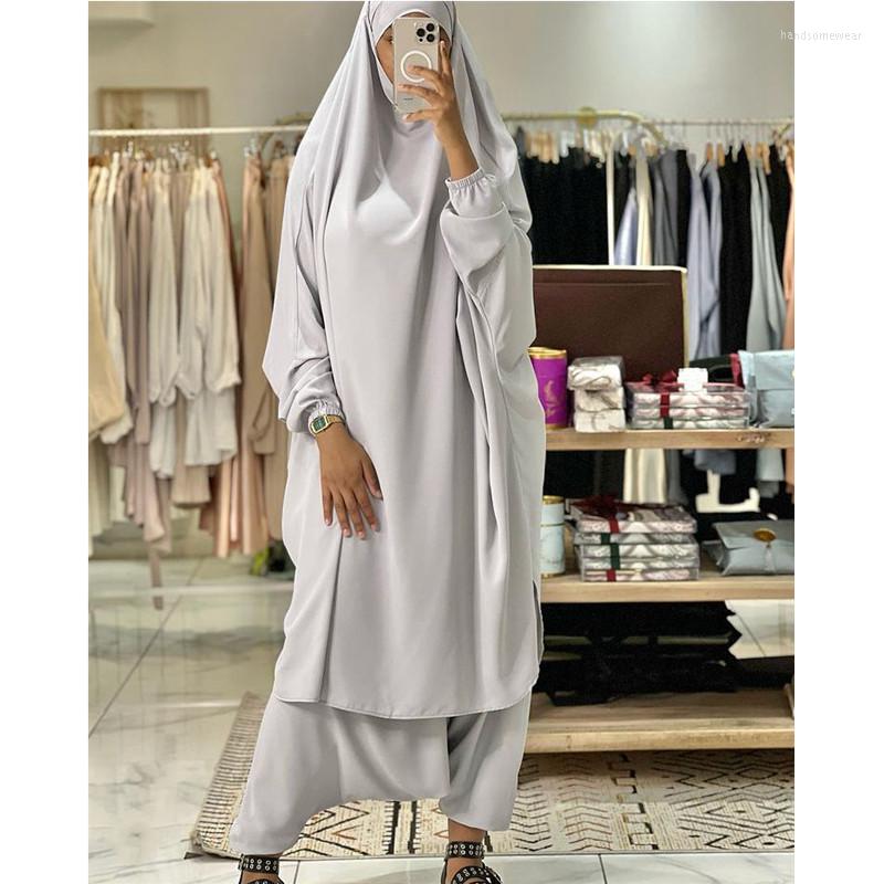 2024 Ramadan Eid Muslim Abayas For Women 2 Pieces Prayer Garment Jilbab Pants Abaya Set Islamic Clothes Long Khimar With Sleeve, Nida Fabric, Loose Fi