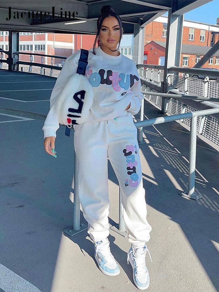 Women's Two Piece Pants Jacqueline Sporty Letter Print 2 Peice Set Women y2k Fairy Cute Casual Loose Sweatshirt and Bandage Pencil Pants Set Autu