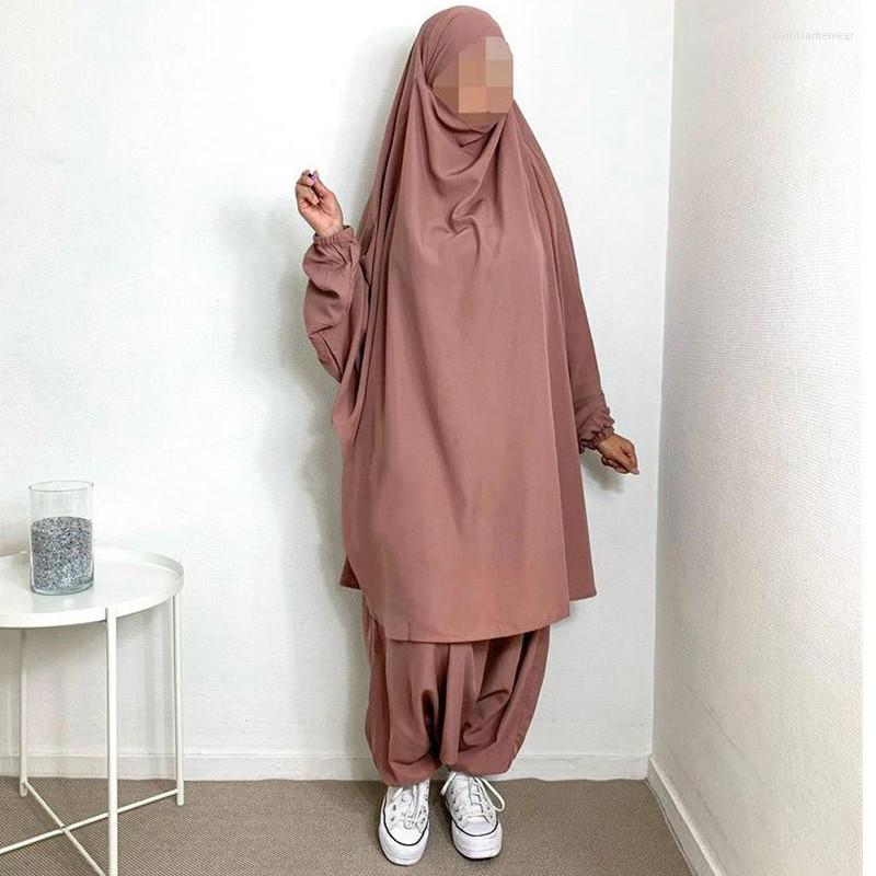 2024 Ramadan Eid Muslim Abayas For Women 2 Pieces Prayer Garment Jilbab Pants Abaya Set Islamic Clothes Long Khimar With Sleeve, Nida Fabric, Loose Fi