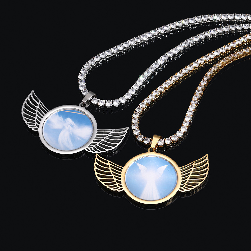 Custom Wing Memorial Photo Pendant Necklace Stainless Steel Jewelry Mens Gifts