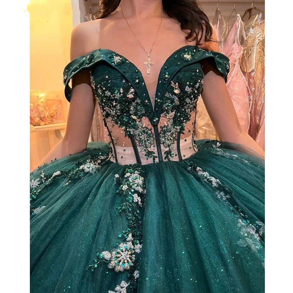 Emerald Green Illusion Sequined Appliques Quinceanera Dress Ball Gown Off The Shoulder Beading Lace Corset Vestidos De Prom Party Gowns Bc Lz0304