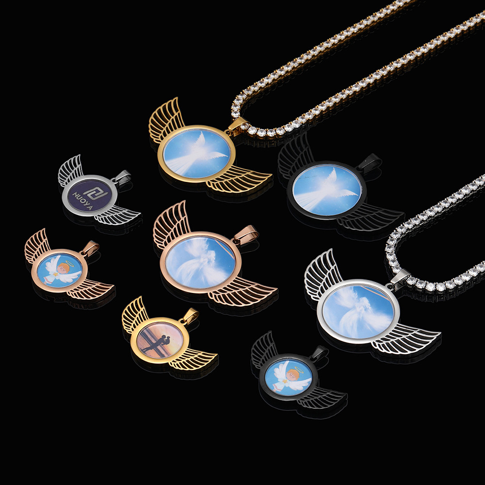 Custom Wing Memorial Photo Pendant Necklace Stainless Steel Jewelry Mens Gifts