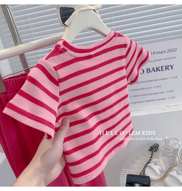 Clothing Sets Girls Suit Summer Baby Striped T shirt Wide Leg Straight Pants 2pcs Girl Short sleeved Outfits Children 230307