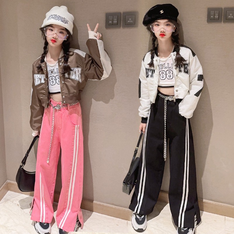Clothing Sets Girls short motorcycle suit Spring and Autumn 2023 style western style high waist wide leg pants two piece set 230307