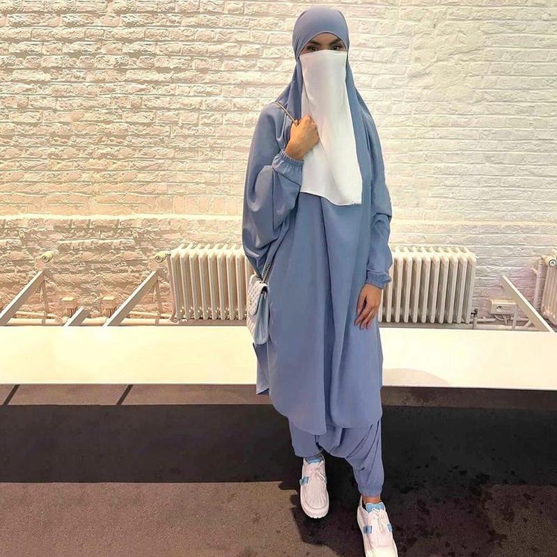 2024 Ramadan Eid Muslim Abayas For Women 2 Pieces Prayer Garment Jilbab Pants Abaya Set Islamic Clothes Long Khimar With Sleeve, Nida Fabric, Loose Fi