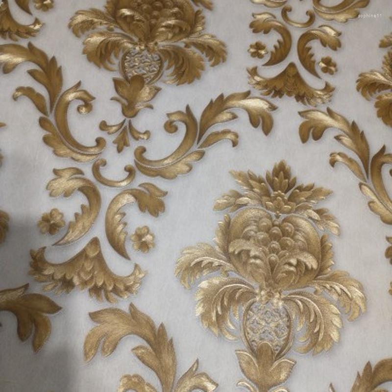 Update Wallpapers Beige-Grey Gold Textured Classic Damask Wallpaper Bedroom Living Room Home Decor Waterproof PVC Wall Paper Roll