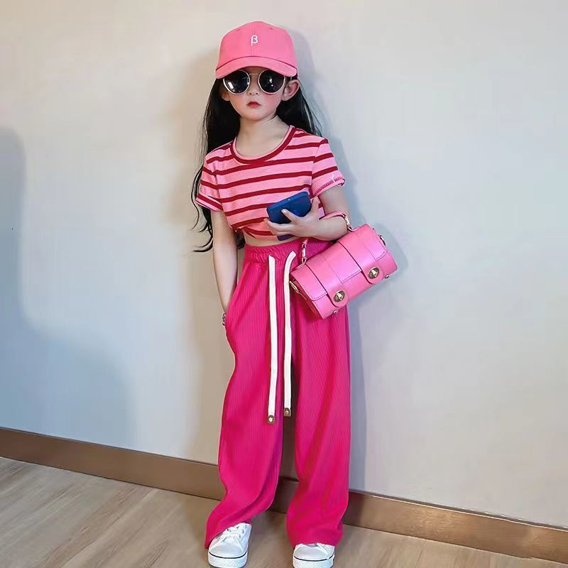 Clothing Sets Girls Suit Summer Baby Striped T shirt Wide Leg Straight Pants 2pcs Girl Short sleeved Outfits Children 230307