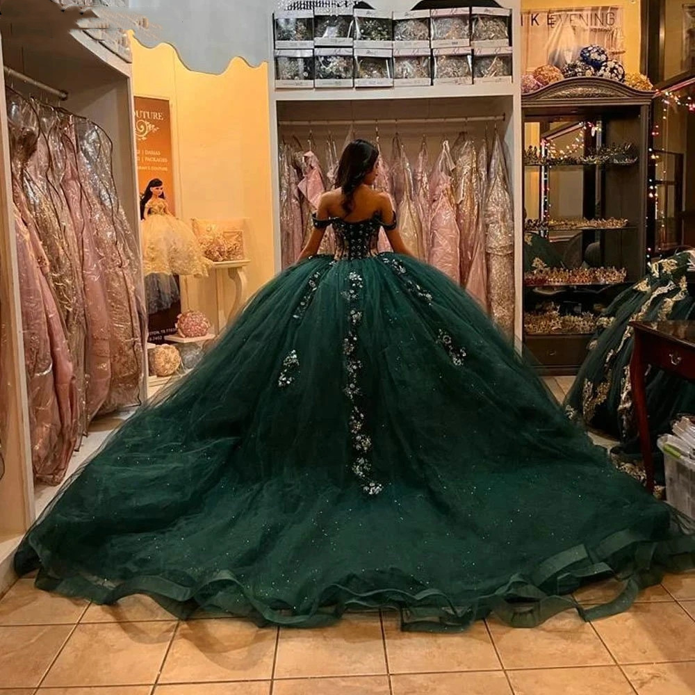 Emerald Green Illusion Sequined Appliques Quinceanera Dress Ball Gown Off The Shoulder Beading Lace Corset Vestidos De Prom Party Gowns Bc Lz0304