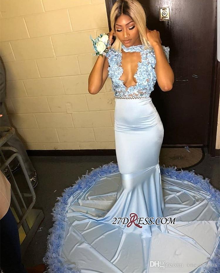 Sky Light Blue Prom Dresses Mermaid Lace Applique Feather High Neck Custom Made Ruched Evening Party Gowns Vestidos Formal Ocn Wear Plus Size