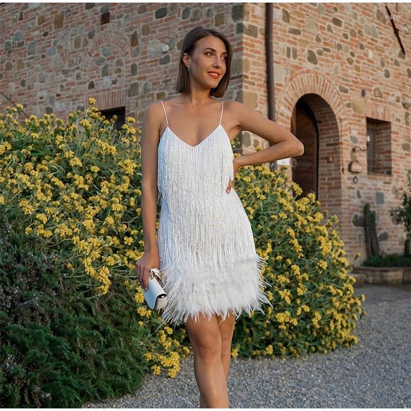 Casual Dresses Women's Evening White Dress With Feathers 2023 Women Fringed Sequin Stitching Slim V-Neck Off Shoulder Wedding Guest