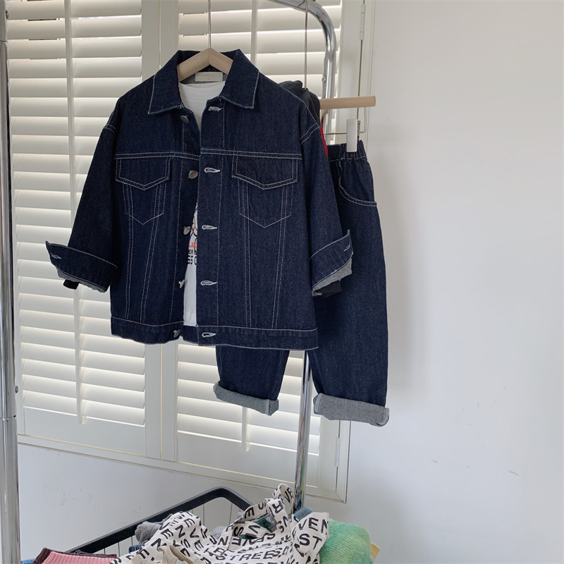 Clothing Sets Autumn Unisex denim clothes sets Korean style Boys and Girls open line loose coats jeans 2Pcs outfits 230307
