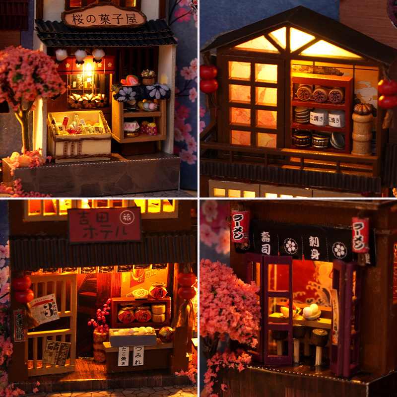 Doll House Accessories DIY Wooden Japanese Store Book Nook Shelf Insert Kits Miniature Dollhouse with Furniture Cherry Blossoms Bookends Toys Gifts 23