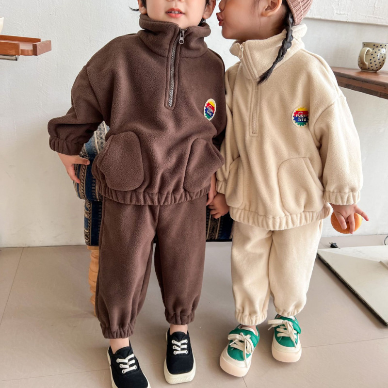 Clothing Sets Kids Thick Fleece Outfits Autumn Winter Boys and Girls Turtleneck sweatshirts sweatpants 2Pcs Children warm suit 230307