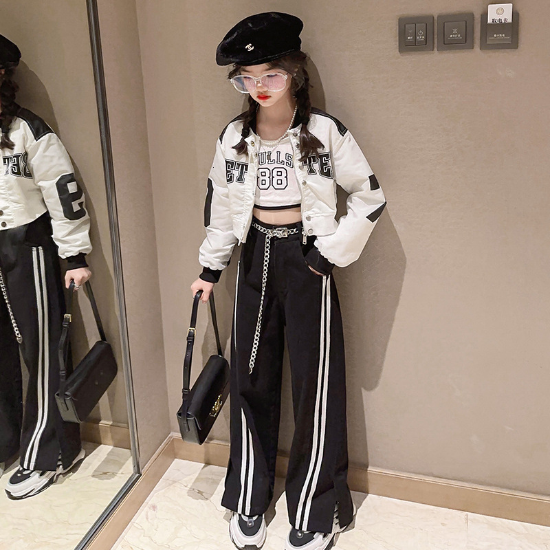 Clothing Sets Girls short motorcycle suit Spring and Autumn 2023 style western style high waist wide leg pants two piece set 230307