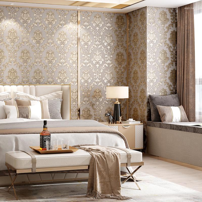 Update Wallpapers Beige-Grey Gold Textured Classic Damask Wallpaper Bedroom Living Room Home Decor Waterproof PVC Wall Paper Roll