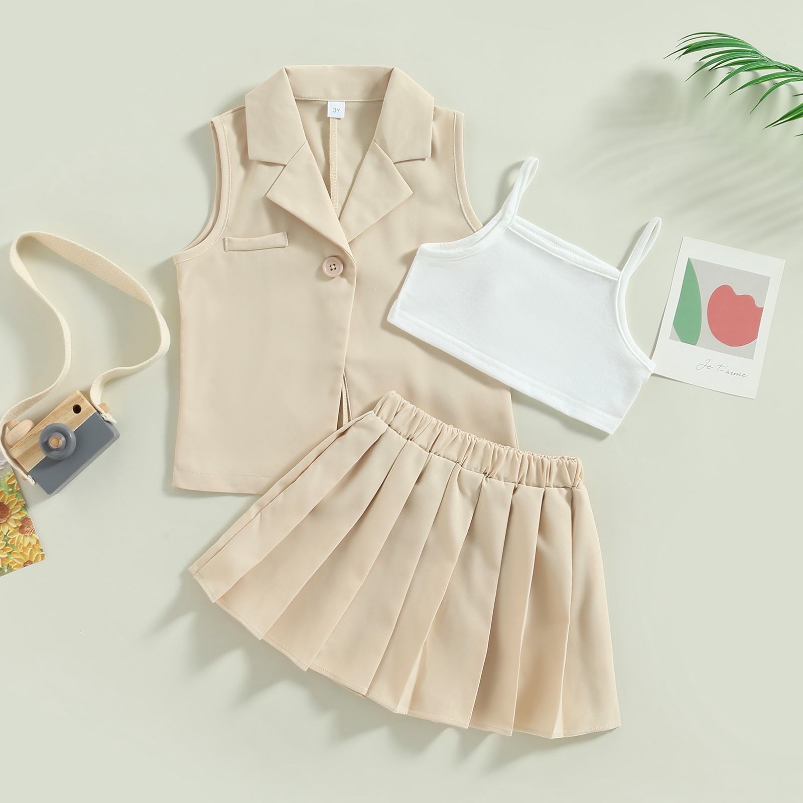 Clothing Sets FOCUSNORM 3 7Y Fashion Little Girl Summer Clothes 3pcs Solid Camisole Elastic Pleated Skirt Sleeveless Jacket Set 230307