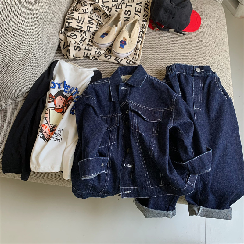 Clothing Sets Autumn Unisex denim clothes sets Korean style Boys and Girls open line loose coats jeans 2Pcs outfits 230307