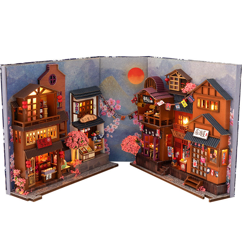 Doll House Accessories DIY Wooden Japanese Store Book Nook Shelf Insert Kits Miniature Dollhouse with Furniture Cherry Blossoms Bookends Toys Gifts 23