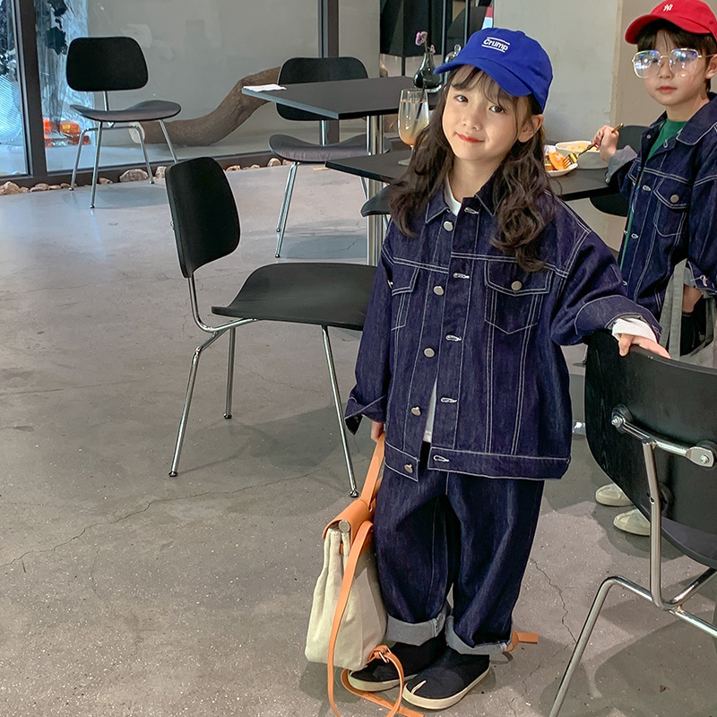 Clothing Sets Autumn Unisex denim clothes sets Korean style Boys and Girls open line loose coats jeans 2Pcs outfits 230307