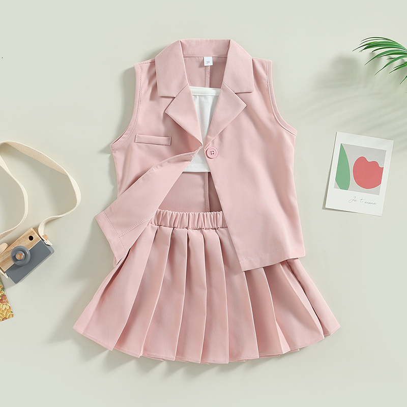 Clothing Sets FOCUSNORM 3 7Y Fashion Little Girl Summer Clothes 3pcs Solid Camisole Elastic Pleated Skirt Sleeveless Jacket Set 230307
