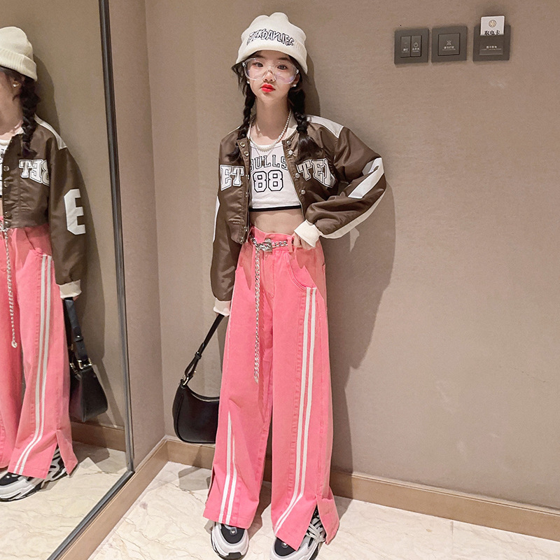 Clothing Sets Girls short motorcycle suit Spring and Autumn 2023 style western style high waist wide leg pants two piece set 230307