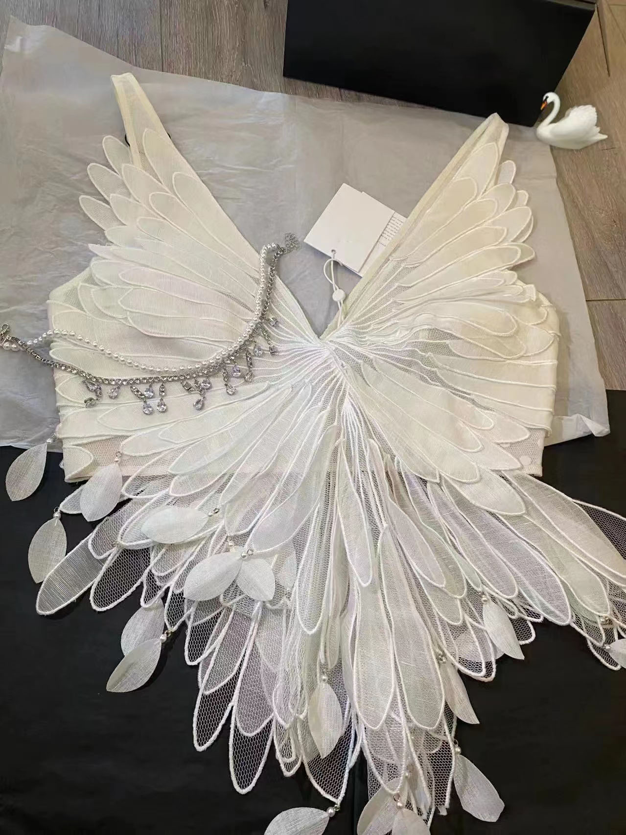 Womens luxury design spaghetti strap star same style swan feather shape hollow out sexy short asymmetric vest tanks camis SML