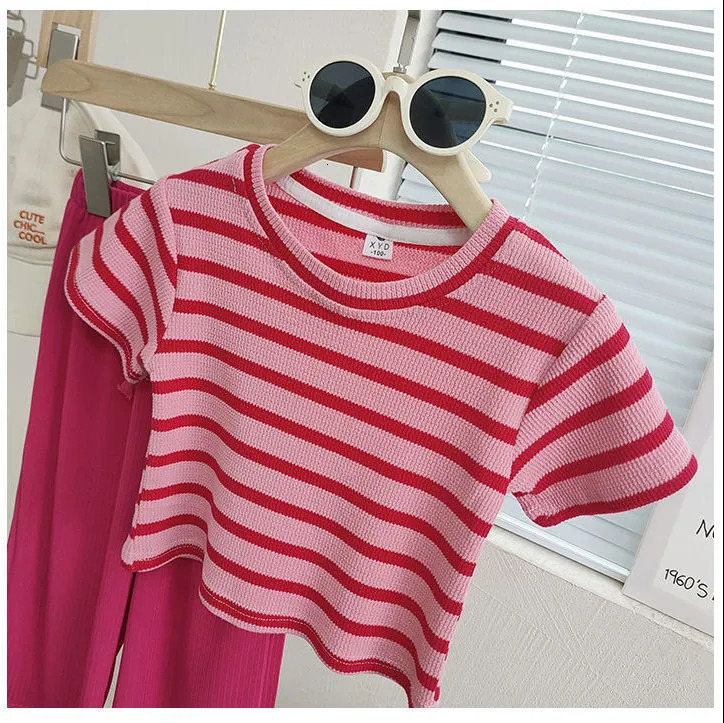 Clothing Sets Girls Suit Summer Baby Striped T shirt Wide Leg Straight Pants 2pcs Girl Short sleeved Outfits Children 230307