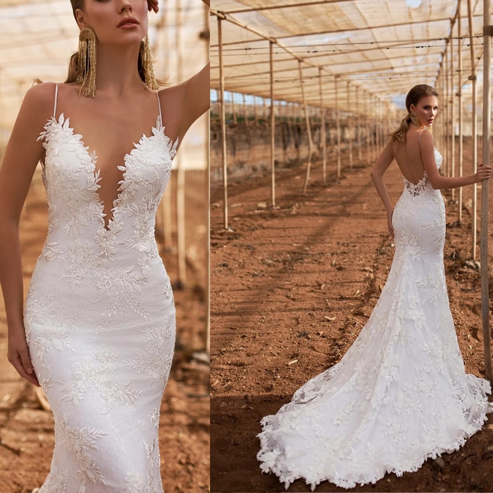 Sexy Lace Mermaid Wedding Dresses Spaghetti Straps Sleeveless Backless Bridal Gowns Vestidos de novia Custom