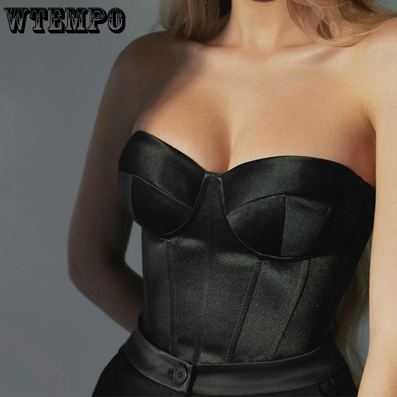 Women's Tanks Camis Green Crop Tops Summer Sexy Strapless Off Shoulder Tube Party Sleeveless Bustier Tank Top Women Solid Halter Tee Satin Corset
