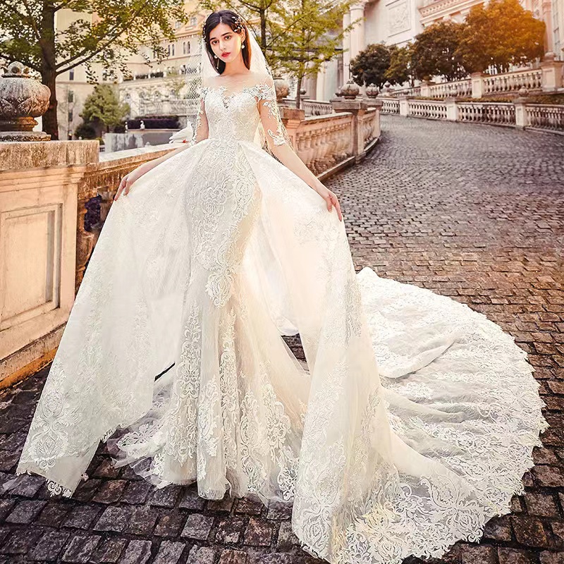 Beach Lace Mermaid Wedding Dresses With Detachable Train Appliqued Sweep Train Plus Size Wedding Dress Long Sleeves Bridal Gowns vestido de novia