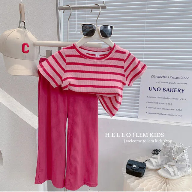 Clothing Sets Girls Suit Summer Baby Striped T shirt Wide Leg Straight Pants 2pcs Girl Short sleeved Outfits Children 230307