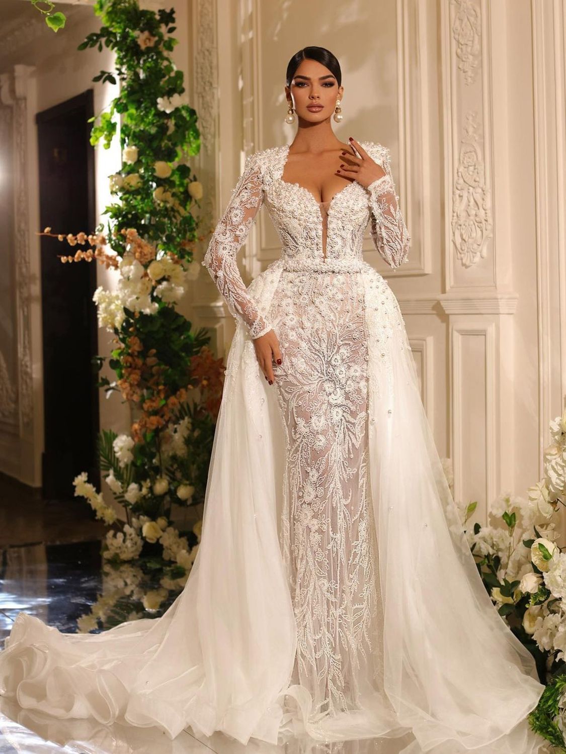 Pearls Mermaid Wedding Dresses 2023 V Neck Long Sleeve Lace Appliques Bride Dress With Detachable Train Bridal Gowns Vestido De Noiva Dr0320