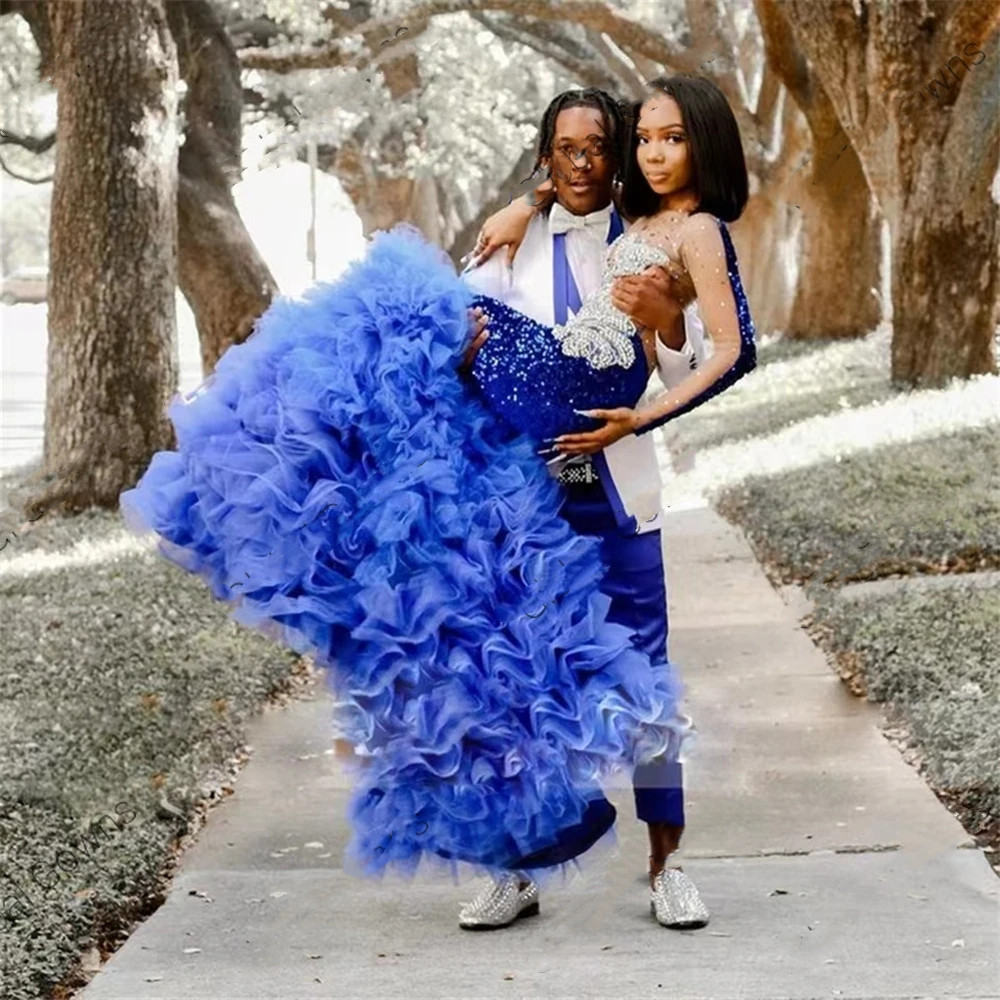 Royal Blue O Neck Prom Ruffles Celebrity Gowns Beaded Crystal Birthday Party Dresses Sequined Evening Gown Robe De Bal