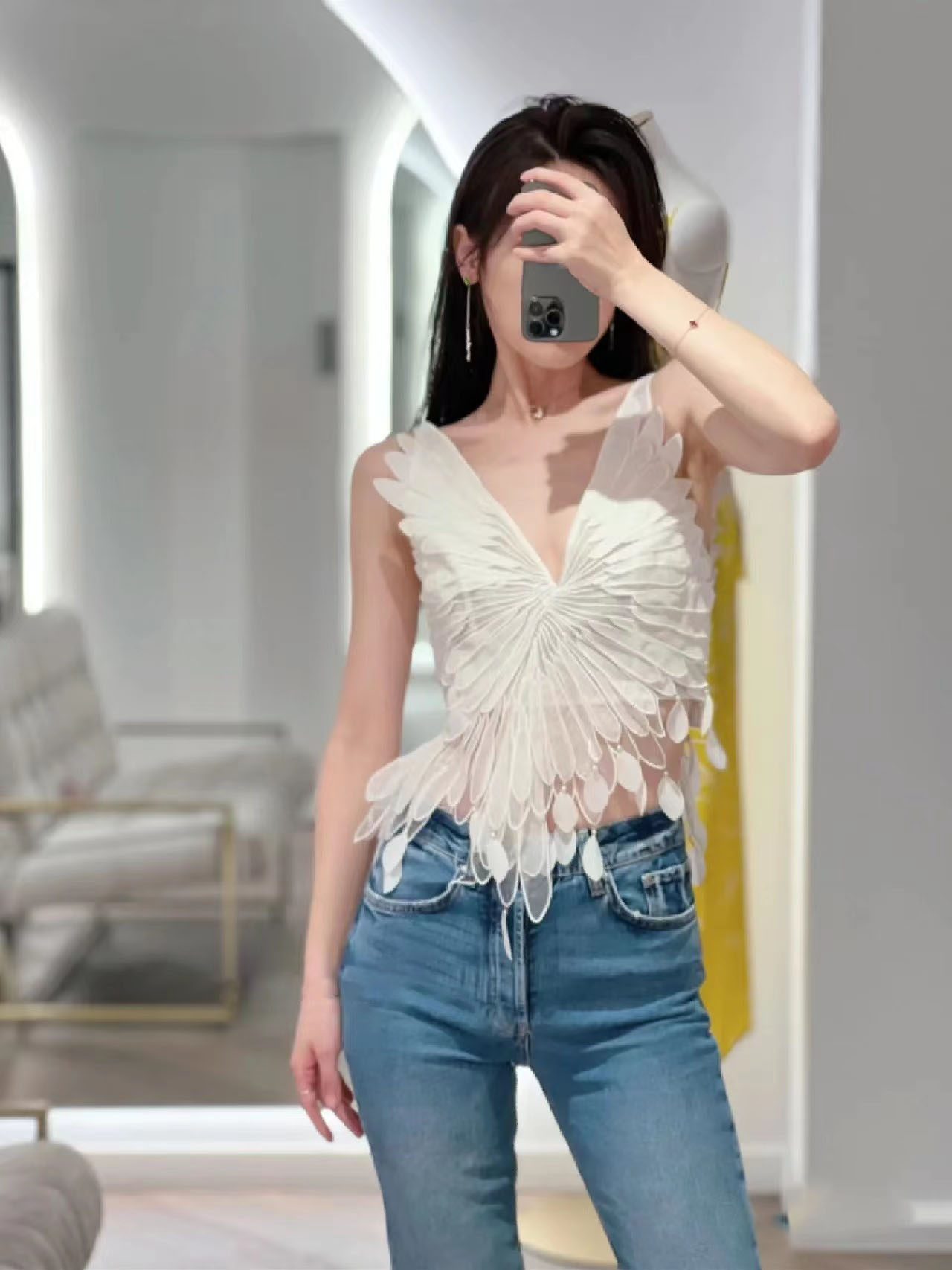 Womens luxury design spaghetti strap star same style swan feather shape hollow out sexy short asymmetric vest tanks camis SML