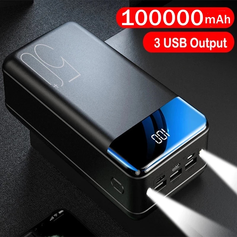 For Mobile Phones Tablet Power Bank 100000mAh Portable Fast Charging PowerBank 3 USB PoverBank External Battery Charger