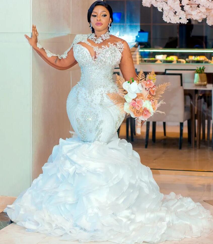 Arabic Aso Ebi White Mermaid Wedding Dresses with Detachable Train gillter Beaded Crystals illusion long sleeve Bridal Gowns