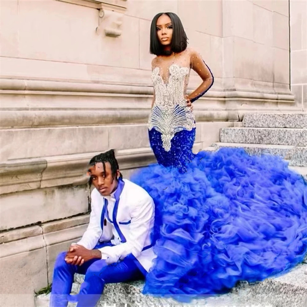 Royal Blue O Neck Prom Ruffles Celebrity Gowns Beaded Crystal Birthday Party Dresses Sequined Evening Gown Robe De Bal