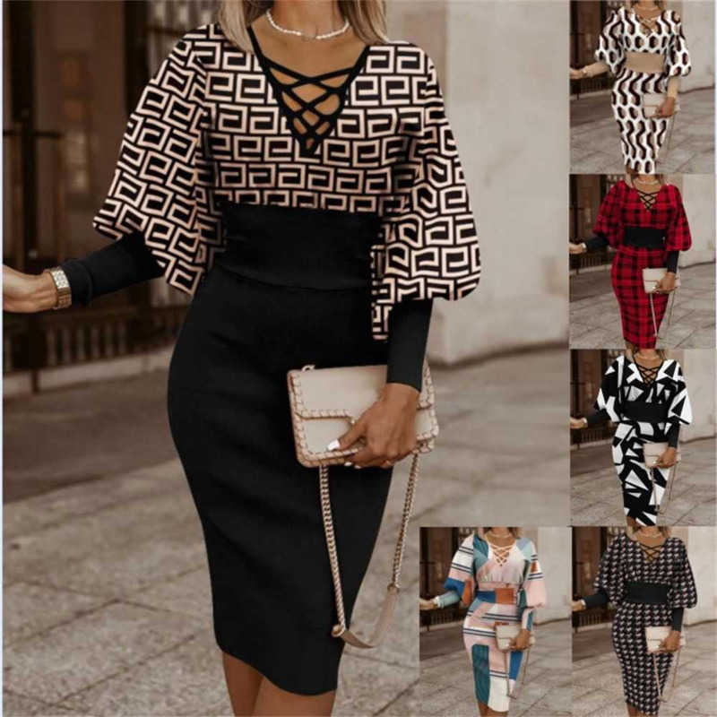 2023 Spring Women Clothing New Dresses Print Waist V-neck Long Sleeve Skinny Dress For Work And Party