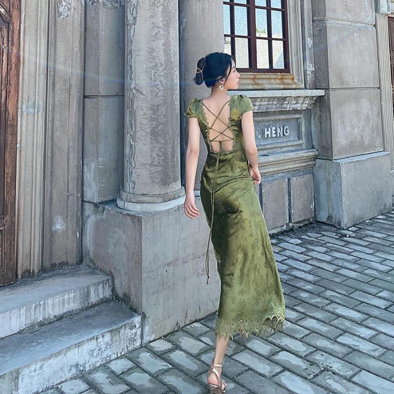 Casual Dresses Elegant Green V-Neck Satin Jacquard Dress Womens Backless Sexy Maxi Summer Ladies Vintage Vestidos Female Clothing DD158