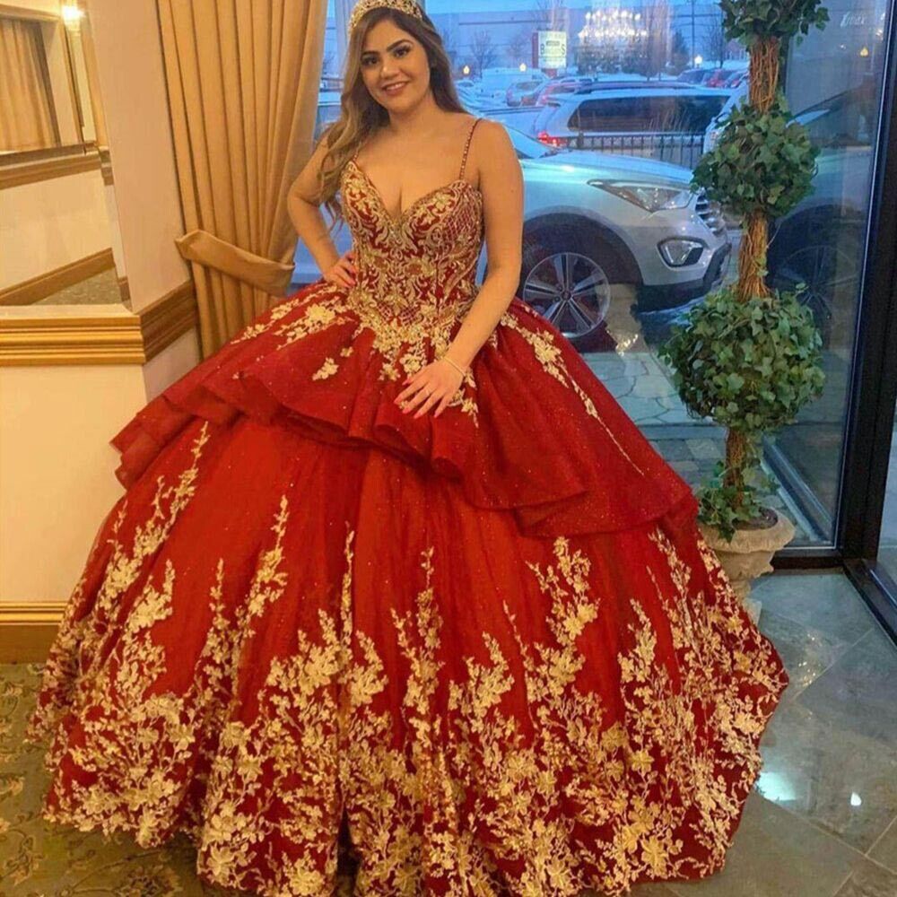 Luxury Red Quinceanera Dresses With Gold Appliques Sexy Spaghetti Straps Ball Gown Prom Dress 2023 Lace Sweet 15 Elegant Robe De Bal 16 Birthday Cerem