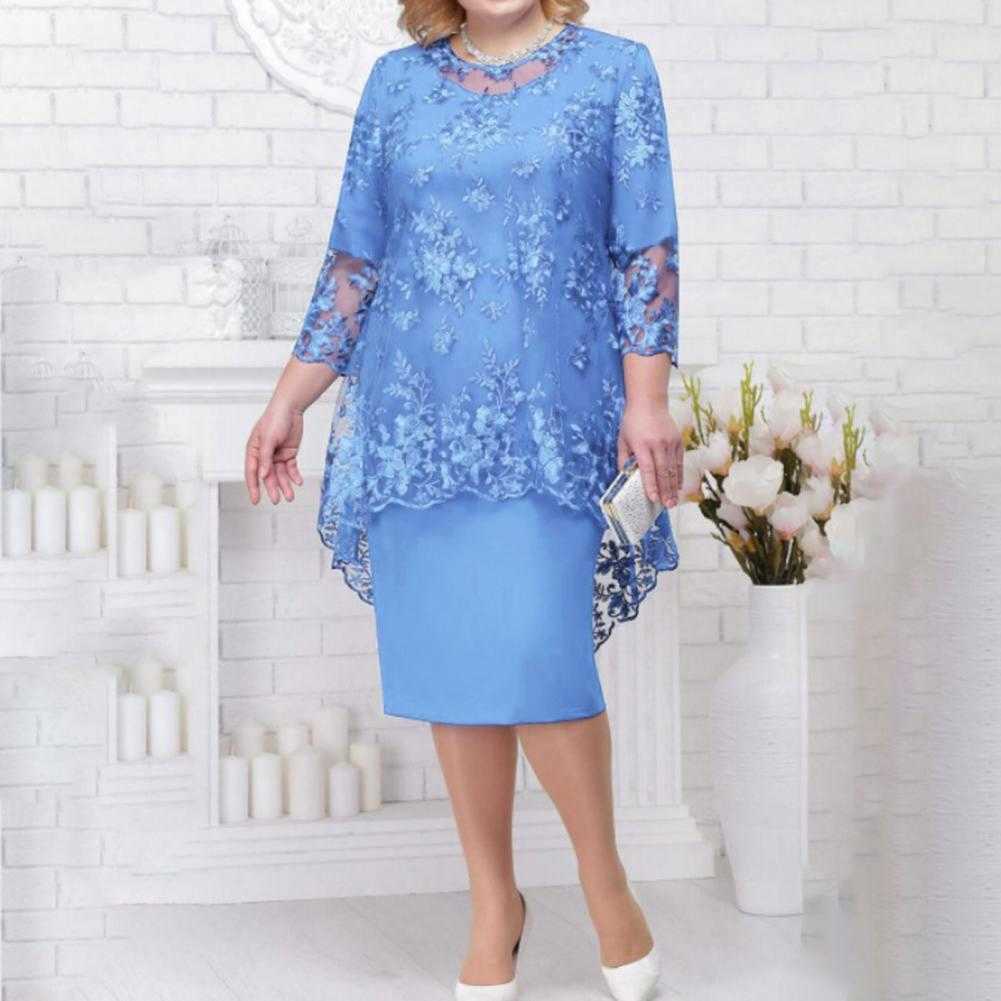 Skirts Women Dress Elegant Vestidos O-neck High-Waist Plus Size Midi Dress Embroidery Lace 3/4 Sleeve Lady Evening Dress Female Clothes W0308
