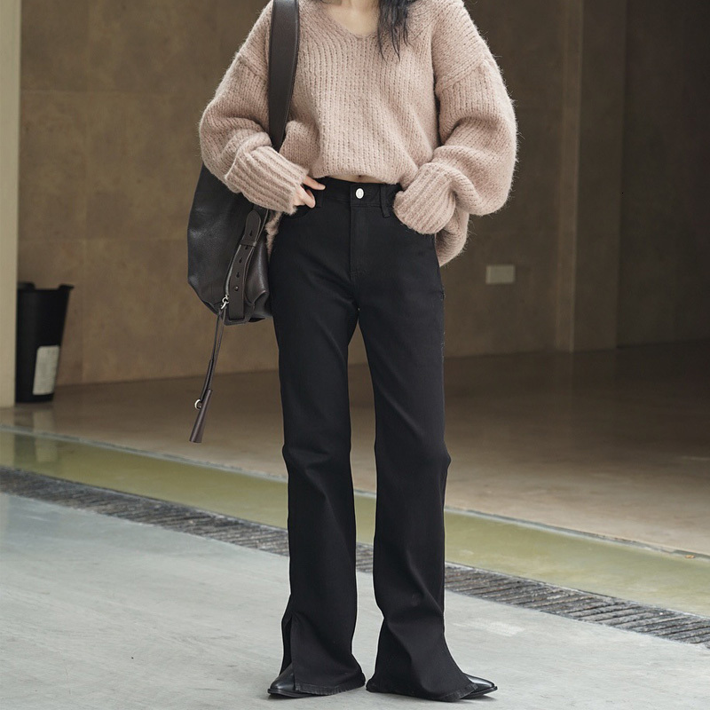 Women's Jeans Autumn and winter women's casual solid color high waist slim slit flared jeans 230308