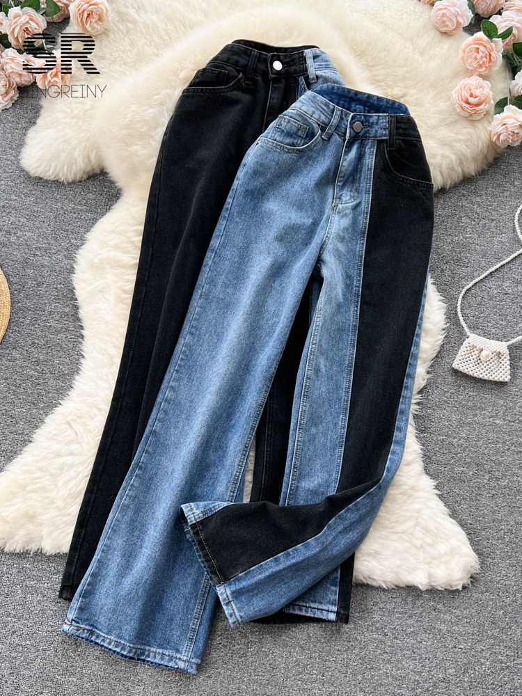 Women's Jeans SINGREINY Pocket Splice Denim Women Jeans Retro Button Zipper Casual Straight Loose Streetwear Ladies Fashion Autumn Long Pants 230