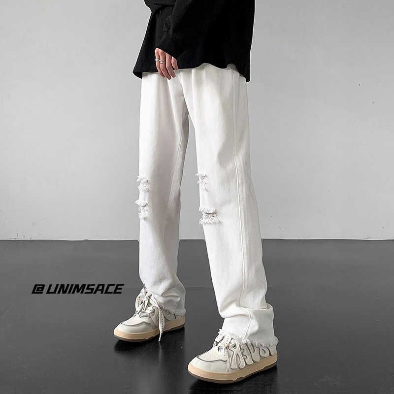 Men's Jeans White Blue Black Ripped Jeans Men Fashion Casual Straight Jeans Men Streetwear Hiphop Loose Hole Denim Pants Mens Trousers Z0301