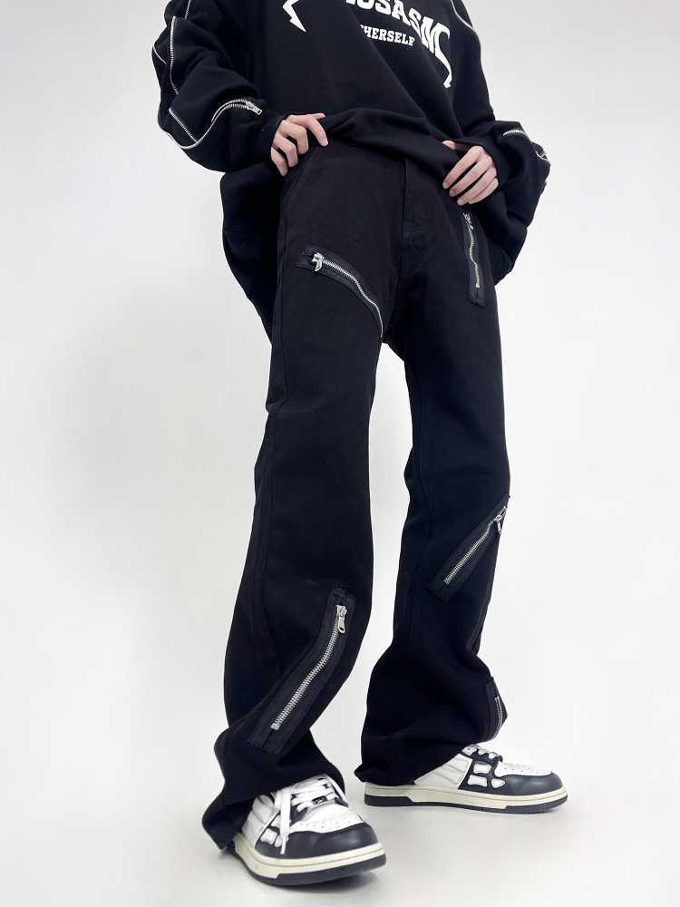 Men's Jeans HOUZHOU Punk Bootcut Jeans Men Slim Zipper Denim Pants Bell Bottoms Hip Hop Black Trousers Male Streetwear Japanese Casual Z0301